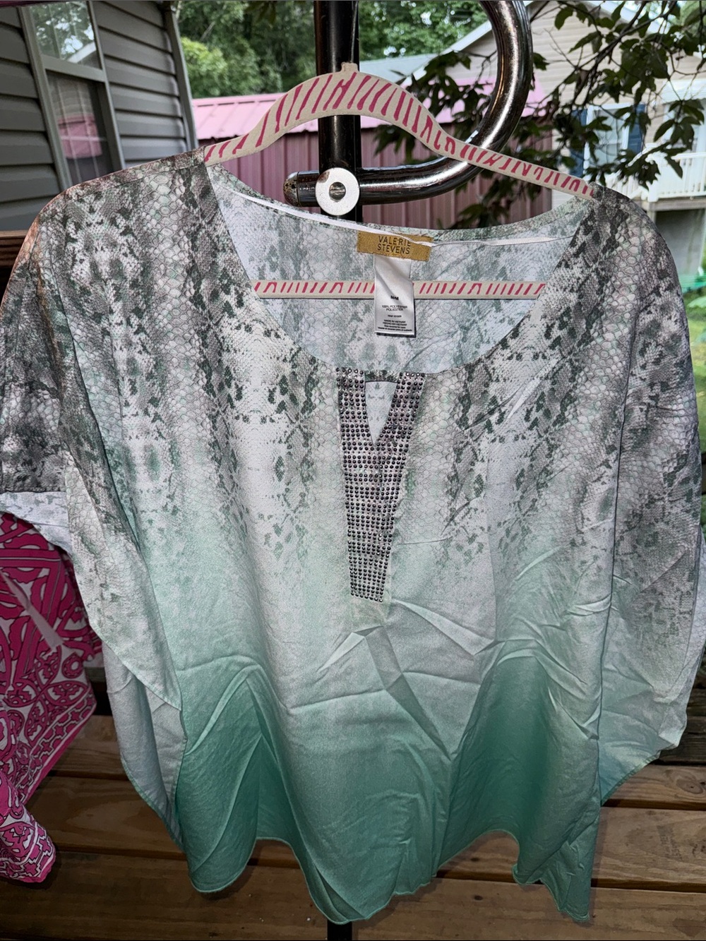Valerie Stevens Women’s Mint Green and Gray Snake-Print Tunic beaded dolman